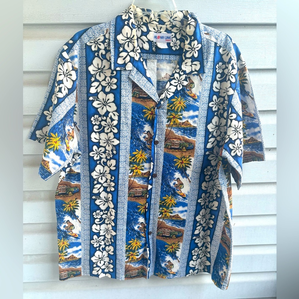 Aloha Line button up Hawaiian,beach,palm tree print men shirt size XL